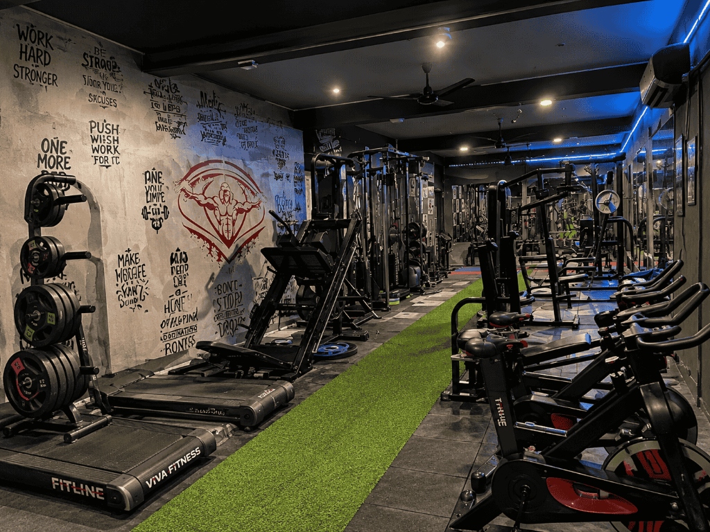 Motivation wall, leg press machine and green turf runway