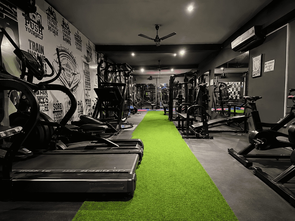 Treadmill row along the green turf walkway